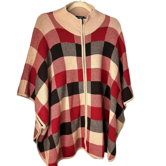 Jones New York Poncho Size 2X/3X Plaid Full Zip Plus Mock Neck Top Red Brown - Picture 1 of 7
